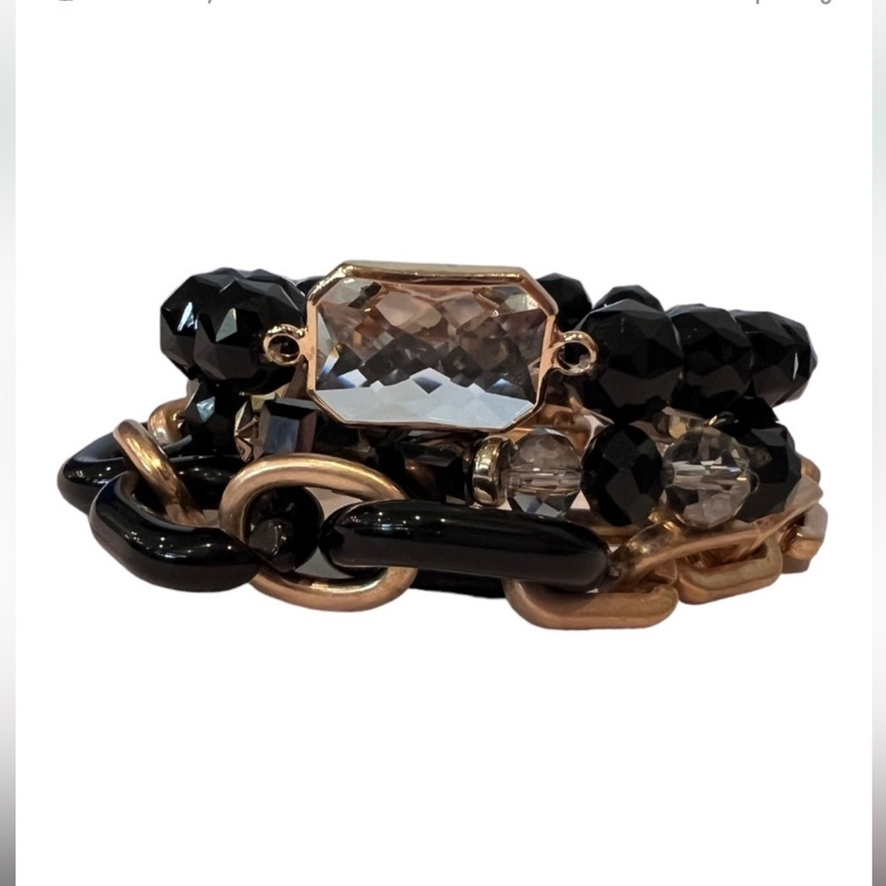 Three Strand Black and Gold Beaded/Chainlink Gem Stretchy Bracelet Set